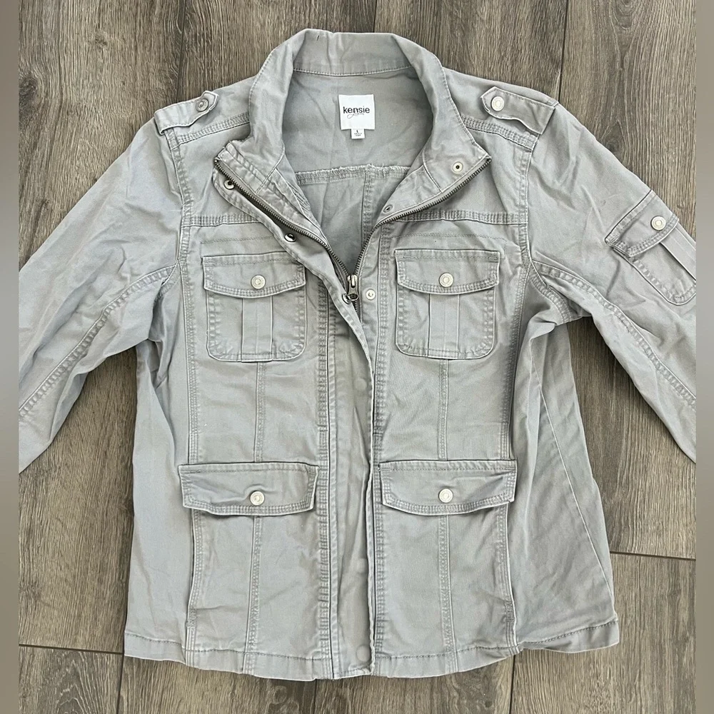 Kensie Jeans Military Utility Jacket Womens Size L Cargo Pockets Zip Front - Picture 2 of 14